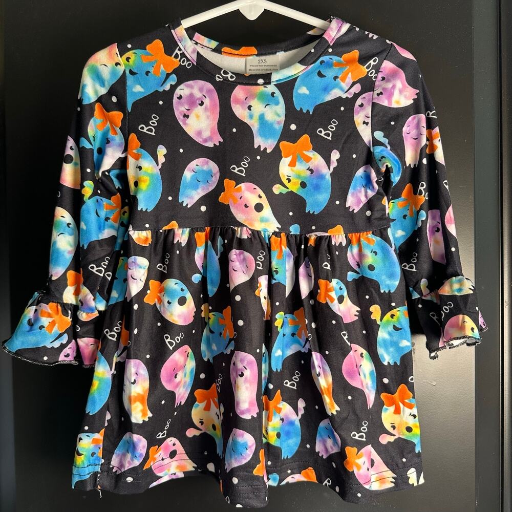 🌻NWT Boutique Girls 9-12M Dress Black Watercolor Ghosts in Bows Ruffle Sleeves